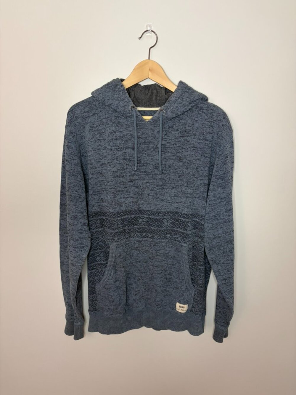 Vans Mens Medium Knit Hoodie Sweater Heathered Indigo Blue Tribal Pattern